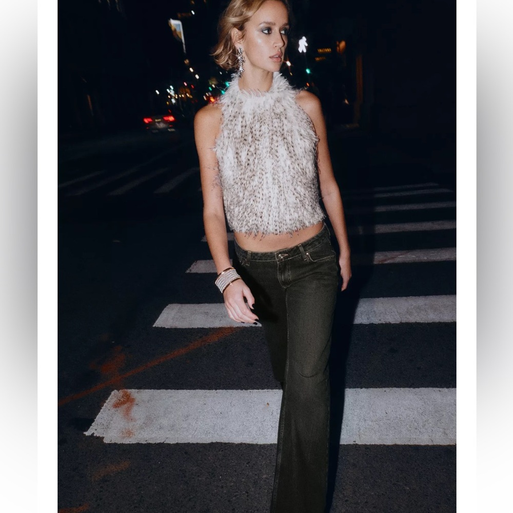 Zara Feathery Halter Crop Top in White and Brown - Picture 8 of 10